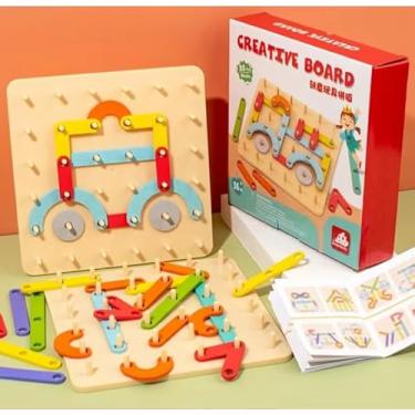 Imagem de Creative Board Brinquedo Educativo de Montagem e Raciocínio Lógico Infantil, Tabuleiro de Madeira com Peças Coloridas