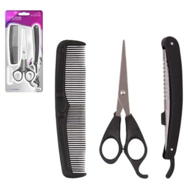 Imagem de Kit Cabeleireiro Barbeiro Profissional 3 Peças – Tesoura, Pente e Navalha – Corte de Cabelo e Barba para Salão, Barbearia e Uso Doméstico