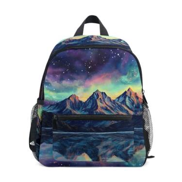 Imagem de GAIGEO Grand Mountains Landscape Aurora Backpack for Kids 10x4x12 In, Girls Mini Backpack with Water Bottle Pockets, Whistle Buckle