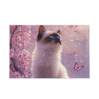 Imagem de Quebra-cabeças de 500 peças de gato siamês flores de cerejeira, quebra-cabeças exclusivos de papel e composto de madeira para adultos com bolsa de armazenamento