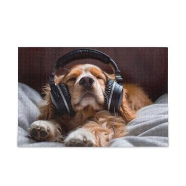 Imagem de Quebra-cabeça de 500 peças de madeira e papel para cães ouvindo música com bolsa de armazenamento para adultos