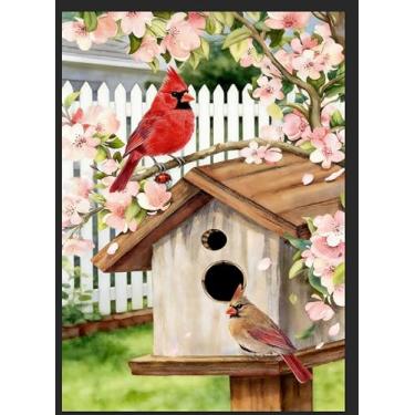 Imagem de Bandeira de jardim de pássaro cardeal primavera 30,5 x 45,7 cm, vertical, dupla face, flores rosas, árvore, verão, casa de fazenda, férias, decorações externas, serapilheira, jarda bandeira, pássaro