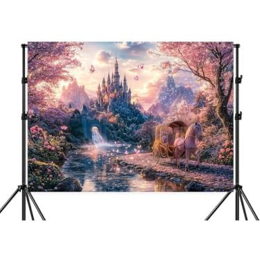 Imagem de Cenário de castelo mágico de conto de fadas de 2,1 x 1,5 m, fundo de paisagem de fantasia de flor de cerejeira rosa sonhadora, carruagem de floresta e cachoeira, adereço para decoração de festa de