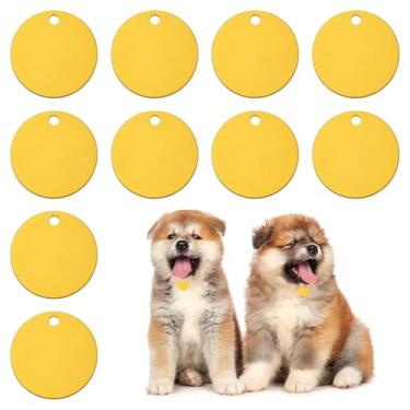 Imagem de PATIKIL Etiquetas para animais de estimação em branco de 1,38 polegadas, 10 peças de etiquetas redondas de alumínio para esculpir nomes, números de telefone ou outras informações pingentes, amarelo