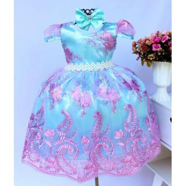 Imagem de Vestido Infantil Azul Com Renda Sereia Luxo E Tiara - Pingo De Gente K
