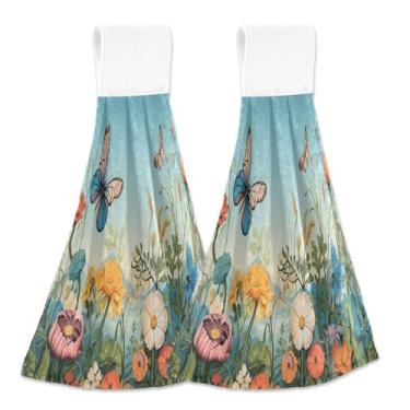 Imagem de xigua Conjunto de 2 toalhas de cozinha coloridas de flores silvestres, toalhas de cozinha macias e absorventes rápidas com laço para pendurar e adesivos mágicos, toalhas de mão de pano para pendurar