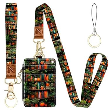Imagem de Bookshelve Porta-crachá de identificação 2 em 1 e carteira com cordão para professores, enfermeiras, profissionais - linda bolsa de moedas com zíper, alça de pulso removível e cordão de pescoço, 5