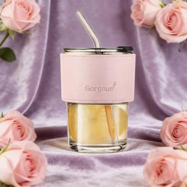 Imagem de Copo de água de 368 g, copo de café gelado com tampa e canudo, caneca de vidro de parede grossa para água de chá, ótimo presente para pais e amigos (rosa)