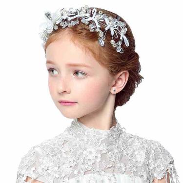 Imagem de Tiara Arranjo Infantil Cabelo Dama Fio Prateado Flores