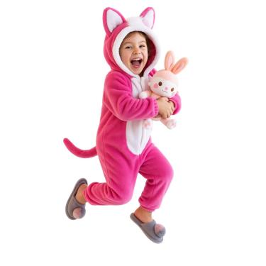 Imagem de Macacão Fantasia Infantil Coelhinha Rosa Peluciado Com Capuz