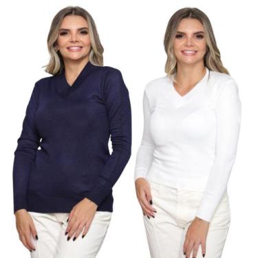 Imagem de Kit 2 Blusa Tricot Gola V Inverno Moda Casual - GIP, Marinho, Branco, 