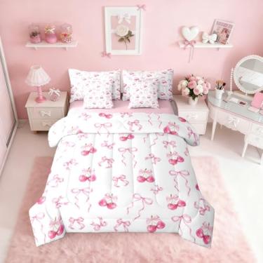 Imagem de Erosebridal Conjunto de cama casal com laço rosa, 7 peças, princesa sonhadora, laço rosa em uma bolsa para decoração de quarto de meninas, cereja e laço, conjunto de cama com lençol com laço