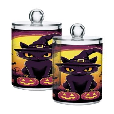 Imagem de Wassud Dispensador de boticário transparente para gatos felizes de Halloween com tampas, organizadores de banheiro e recipiente de armazenamento para bolas de cotonetes, acessórios de banheiro, pacote