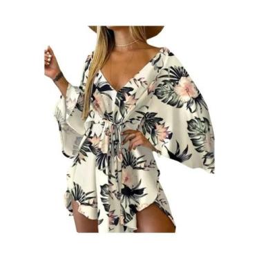 Imagem de Vestido Boêmio Feminino Estampado - Decote V, Manga Morcego e Babado -