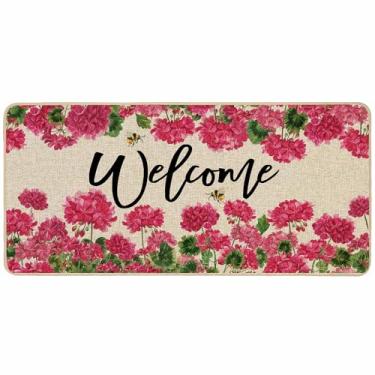 Imagem de Baccessor Capacho de gerânio primavera verão extra longo 43 x 91 cm, tapete de porta de boas-vindas com flor rosa flroal frontal tapete de porta antiderrapante de borracha para entrada sazonal externa