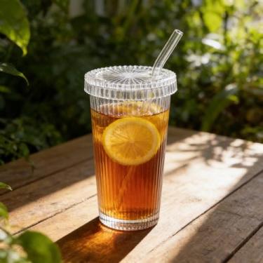 Imagem de Copo de vidro canelado de 368 g com tampa e canudo, xícaras de café geladas transparentes, copos de vidro elegantes, ideal para água, café gelado, leite, chá, suco, ótimos presentes para amigos e pais