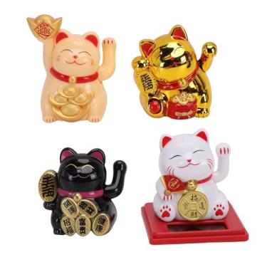 Imagem de ASHATA Conjunto de Braço Oscilante de Gato da Sorte de 4 Peças, Braço Oscilante Pequeno de Gato da Sorte de 2 Polegadas Movido a Energia Solar, Riqueza Acolhedora Decoração de Estátua