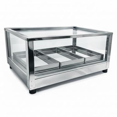 Imagem de Estufa Elétrica Aquecedora para Alimentos com Vitrine de Vidro, Estrutura em Aço Inoxidável, 2 ou 3 Bandejas, 36x32x22 cm, Pés Emborrachados (3 Bandeja 110V)