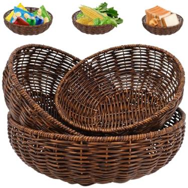 Imagem de Pacote com 3 cestas redondas de vime, tigela de vime tecida à mão, organizador de armazenamento de tigela de vime versátil, grande capacidade para servir comida, bandeja de chaves e decoração de casa