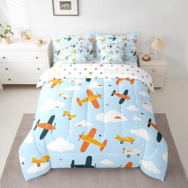 Imagem de Jogo de cama infantil com tema de aeronave em uma bolsa, 7 peças, para adolescentes, meninos, estampa de avião, helicóptero, avião voador, para meninas, lençol Queen
