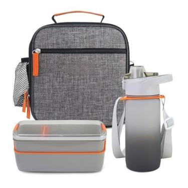 Imagem de Kit Lancheira Térmica Infantil com Marmita 2 Andares e Garrafa 550ml BPA Free para Escola e Passeios(Cinza claro)