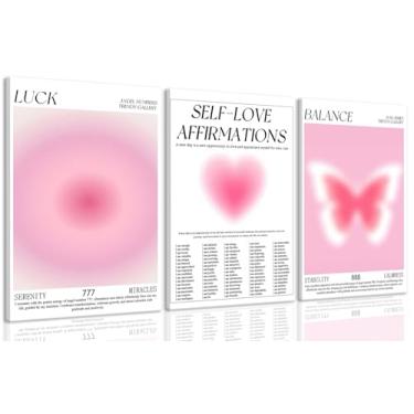 Imagem de KISSFOX Arte de parede em tela de 3 peças com laço rosa coração decoração de parede aura arte emoldurada número anjo afirmações amor próprio imagens modernas estéticas pinturas preppy para apartamento