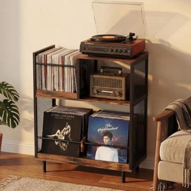 Imagem de KirKical; Suporte para toca-discos de 3 camadas com armazenamento de vinil comporta até 250 álbuns, armário de mesa de exibição de discos com divisor ajustável para suporte de toca-discos, madeira