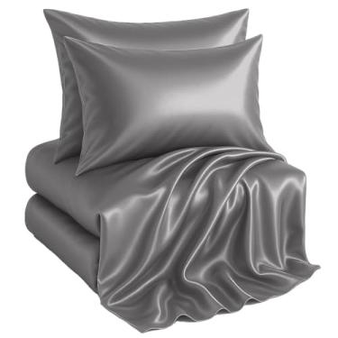 Imagem de Casa Platino Jogo de lençóis de cetim King Size - 4 peças - Super macio como seda - 1 lençol com elástico alto, 1 lençol de cima e 2 fronhas King - Conjunto de lençóis King adequado para todos os