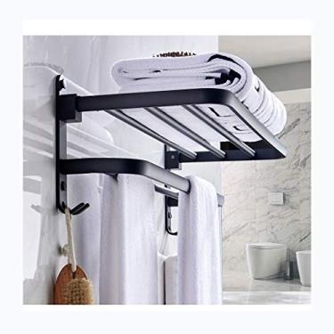 Imagem de Prateleira de banheiro Toalhas de porta toalha de banho parede com prateleiras duplas em aço inoxidável prateleira de toalha com ganchos barra de prateleira dobrável 0723 (tamanho: 49 cm) (39 cm)