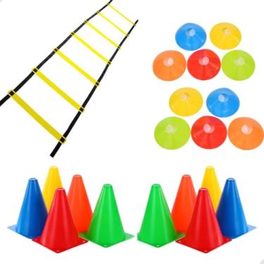 Imagem de Kit Funcional Treino Completo Agilidade Funcional Kids Infantil Treinamento de Futebol Fisico 10 Pratos + 10 Cones + Escada 7 Degraus