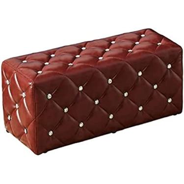 Imagem de Luxuoso descanso para os pés otomano de couro vermelho vinho com botões de cristal, banquinho de cubo moderno para sofá, grande 35 x 35 x 35 cm, decoração de casa elegante