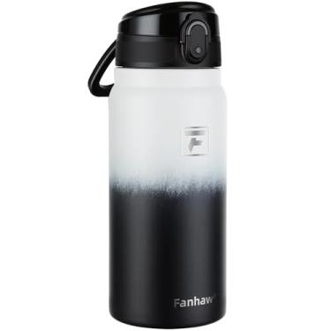Imagem de Fanhaw Garrafa de água isolada de aço inoxidável de 590 ml com tampa – boca larga, à prova de vazamento, livre de BPA – ideal para crianças, adultos, esportes, academia e uso ao ar livre (branco preto