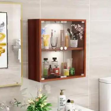 Imagem de Armário de parede de madeira teca com portas de vidro transparente, armazenamento de exibição de 2/3 níveis para casa, banheiro, escritório e sala de estar, decoração que economiza espaço com luz, 60