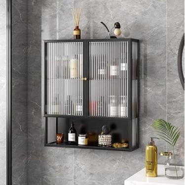 Imagem de Armário de medicamentos de metal com porta de vidro - Organizador de armazenamento multiuso montado na parede, suporte de exibição flutuante de 3 camadas para banheiro, sala de estar, cozinha