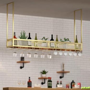 Imagem de Suporte para copos de vinho de teto, rack de vinho suspenso com suporte de vidro e prateleira, suporte de garrafa de vinho pendurado industrial, prateleira de montagem no teto para cozinha de bar (cor