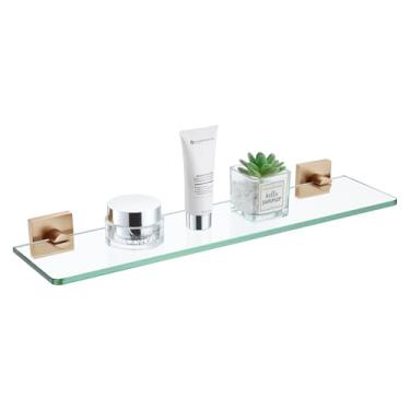 Imagem de KOKOSIRI Prateleira de vidro temperado, prateleiras flutuantes de parede de 50 cm para banheiro, cozinha, chuveiro, decoração, rack, champanhe, bronze, aço inoxidável B1107CPG-L20