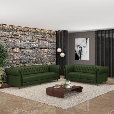 Imagem de Conjunto de Sofá Sala de Estar Stanford Chesterfield 2 e 3 Lugares 200cm/240cm Pés Madeira Couro Verde Manchado G58 - Gran Belo
