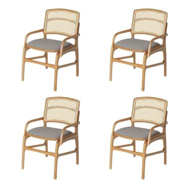 Imagem de Jogo 4 Cadeiras Para Jantar Florença Em Madeira Jequitibá Natural Braço Encosto Palha Linho Cinza