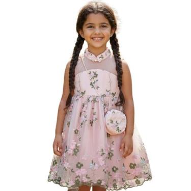 Imagem de Vestido Infantil Rosa Floral Tule e Bolsa Delicada Menina - - anjo da 