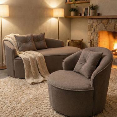 Imagem de Kit de 01 Sofá Orgânico Curvo Feijão + 01 Poltrona Confortável Sala Estúdio Amore Bouclê Cappuccino - Montanari`s Decor