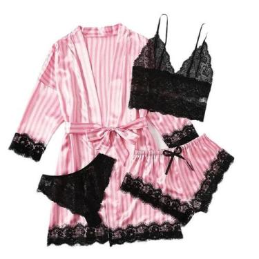 Imagem de Conjunto De Pijama Feminino De Cetim Com Renda Sexy, Estampa Moderna, 