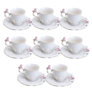 Imagem de Jogo 8 Xícara De Café Porcelana Rosa E Branca Birds Pássaro Com Pires 100ml Wolff