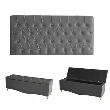 Imagem de Kit Estrela Cabeceira De Cama Painel E Calçadeira Baú Botão Cristal Queen 160 Cm Suede Grafite Do Lar Móveis E Decoraç
