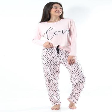 Imagem de Pijama feminino basic + manga longa love rosa com estampa
