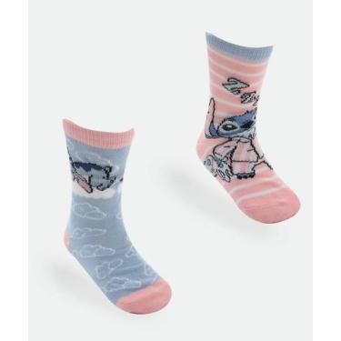 Imagem de Kit 2 Meias Infantil Estampa Stitch Disney Rosa, 19/23, Rosa, Azul