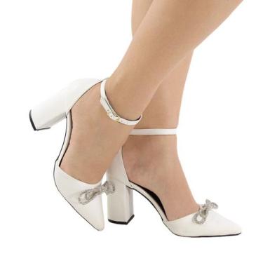 Imagem de Scarpin Feminino Salto Bloco Verniz Laço Strass Elegante Amarração Lux