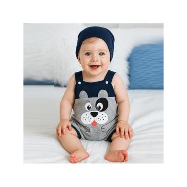 Imagem de Conjunto Macacão Jardineira + Touca  Bebê Menino Estampa de Cachorrinh