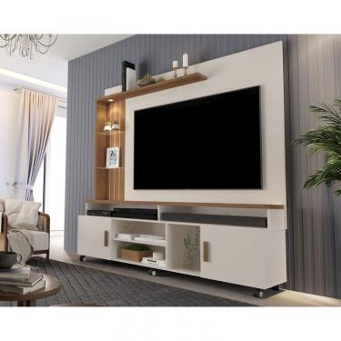 Imagem de Estante Home para TV até 65 Polegadas Ripado com LED e Rodízios Ocean Carmolar Off White/Canela