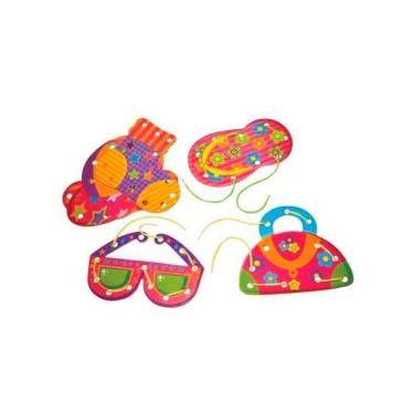 Imagem de Brinquedo Pedagógico Alinhavos Objetos Peças Mdf 6 Unidade