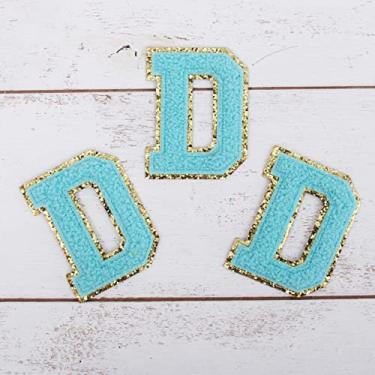 Imagem de Pacote com 3 adesivos de chenille ferro sobre glitter universitário letra "D" - Tecido de chenille azul com acabamento em glitter dourado - Costurar ou passar - 8 cm de altura